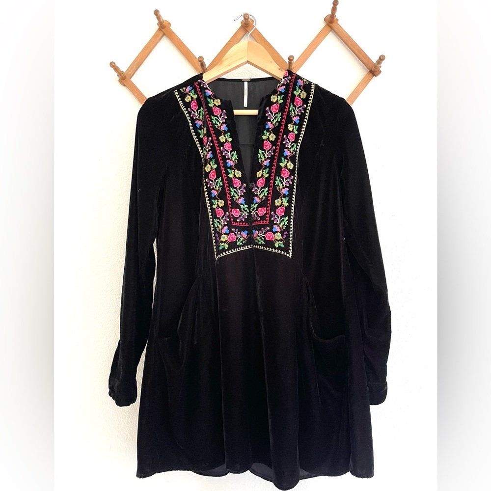 Free People Black Velvet Embroidered Tunic Mini Dress - Picture 3 of 6